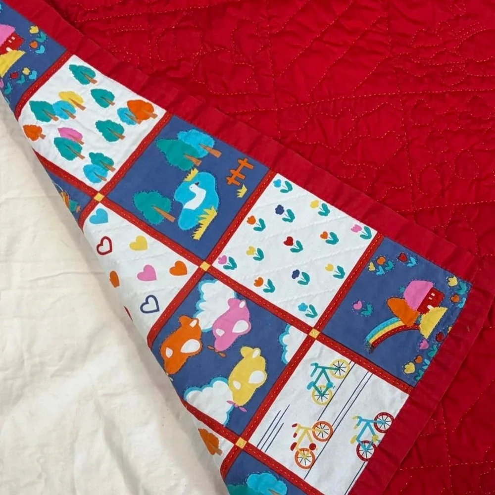 Handmade Vintage Style Patchwork Baby Quilt Red Multi Animal Rainbow 33x30